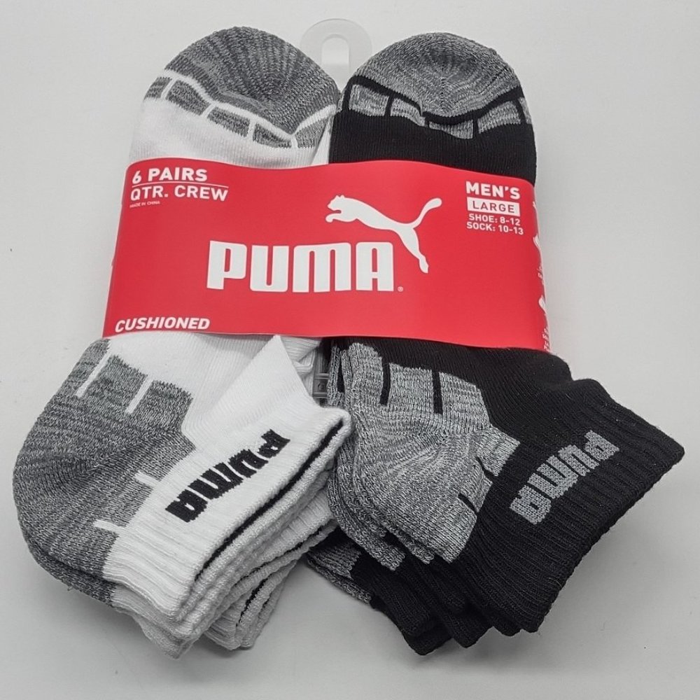 Puma men’s quarter crew socks cushioned gray black white 6 pack size 8-12